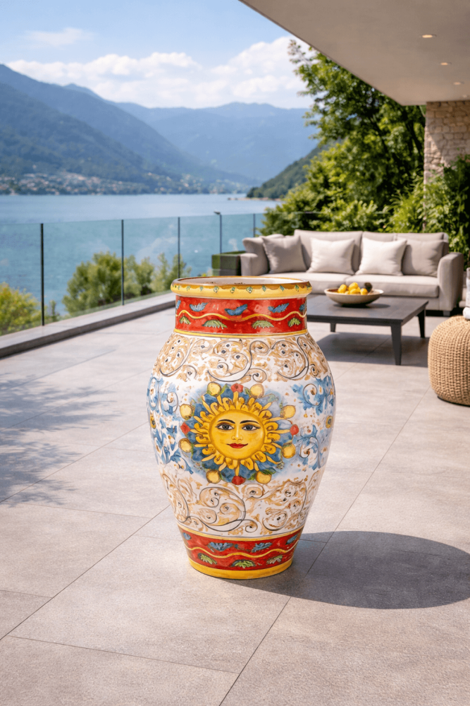 Preview: Vase de sol sicilienne peinte à la main – œuvre d’art en céramique méditerranéenne au motif solaire
